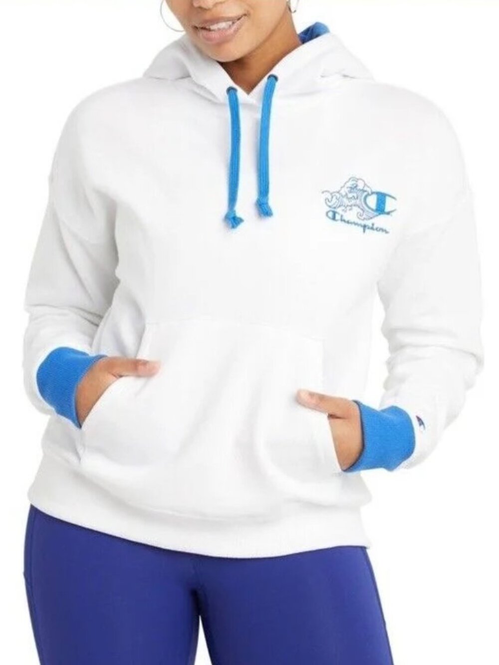 Champion Cream Colorblock Hoodie with Wave Logo Blue Trim M